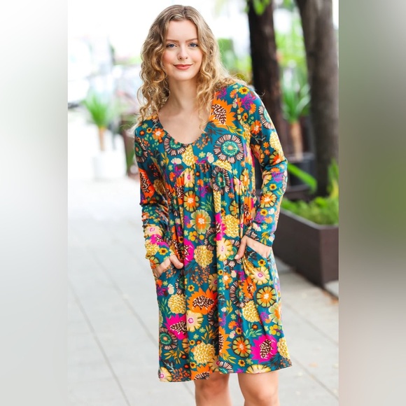 All About It Teal Vibrant Floral Pocketed Dress - Picture 1 of 11